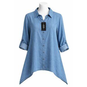 Club Z Chambray Denim Shirt Tencel Side Drape Button Down Blue Plus 2X
